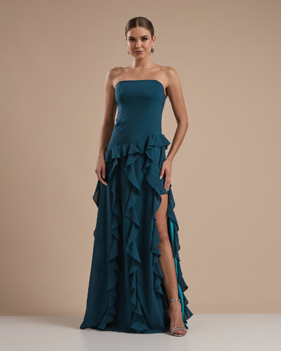 Foto Vestido de festa Longo Tomara que Caia Crepe Chiffon com Bababos Cascata e Fenda Verde Escuro