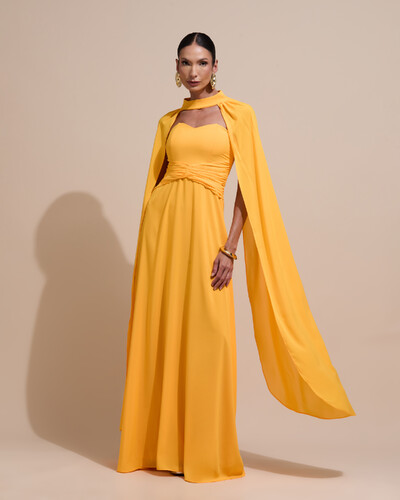 Foto Vestido de Festa Longo Tomara Que Caia Crepe Chiffon Drapeado Capa Laranja Manga New