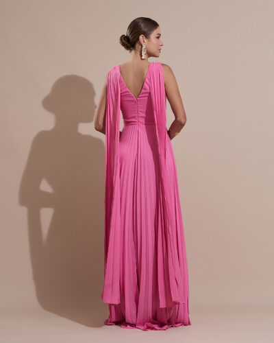 FotoVestido de Festa Longo Crepe Chiffon Plissado com Lenço nas Alças Rosa