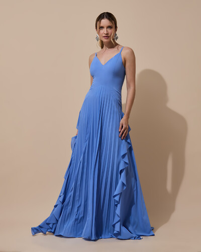 Foto Vestido de Festa Longo Crepe Chiffon Alça Fina Saia Plissada com Babado Cascata Azul Atlantis