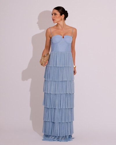 Foto Vestido de Festa Longo Tule Glitter com Camadas Azul Serenity