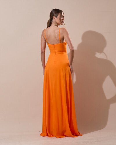 Foto Vestido de Festa Longo Crepe Chiffon Drapeado com Alças e Saia Fluida Laranja