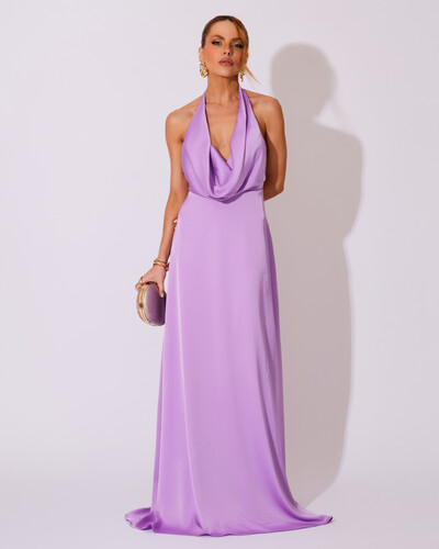 Foto Vestido de Festa Longo Frente Única Degagê Cetim Fluido Lilás