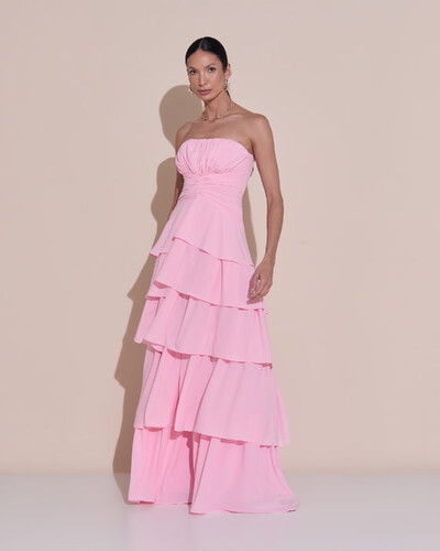 Foto Vestido de Festa Longo Tomara que Caia Drapeado Crepe Chiffon Babados Camadas Rosa Claro