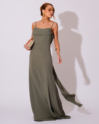 FotoVestido de Festa Longo Crepe Chiffon Costas Lenço Cauda Verde Oliva