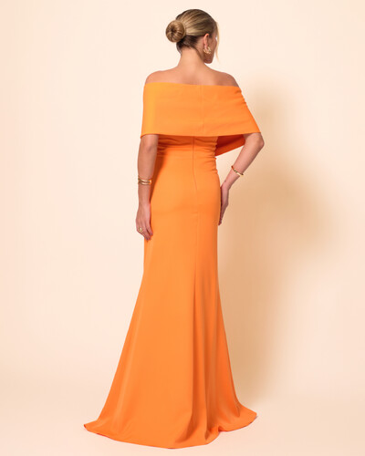 FotoVestido de Festa Longo Alfaiataria Ombro a Ombro Laço e Fenda Laranja