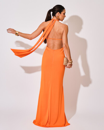 FotoVestido de Festa Longo Malha Jersey Gola Alta Saia Sereia Laranja