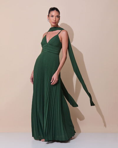 Foto Vestido de Festa Longo Plissado Crepe Chiffon com Alça e Lenço Verde Escuro New