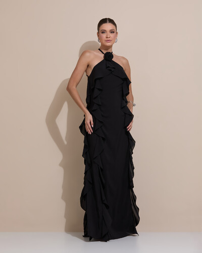 Foto Vestido de Festa Longo Crepe Chiffon Frente Única Babados Cascata e Flor Preto