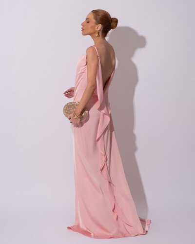 FotoVestido de Festa Longo Babado Costas Cetim Fluido e Fenda Rose Gold