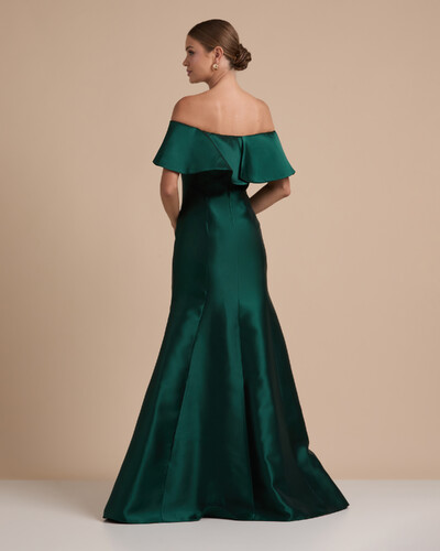 FotoVestido de Festa Longo Zibeline Ombro a Ombro com Babado Verde Escuro