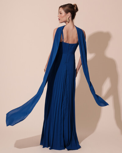 FotoVestido de Festa Longo Plissado Crepe Chiffon com Alça e Lenço Azul