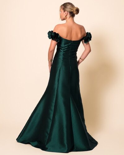 FotoVestido Longo de Festa Zibeline Ombro a Ombro com Flores e Fenda Verde Escuro