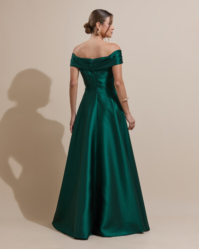 Foto Vestido de Festa Longo Zibeline Ombro a Ombro com Fenda Verde Escuro