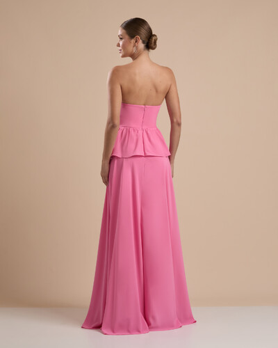 FotoVestido de Festa Longo Crepe Chiffon Tomara que Caia Peplum Drapeado Rosa