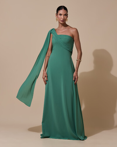 Foto Vestido de festa Longo Tomara que Caia Crepe Chiffon Drapeado Lenço Verde Matcha Escuro