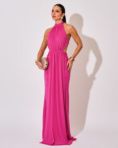 Foto Vestido de Festa Longo Malha Jersey Gola Alta Saia Sereia Pink