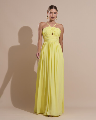 Foto Vestido de Festa Longo Crepe Chiffon Drapeado com Alças Finas Amarelo Manteiga