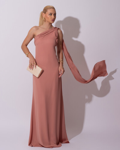 Foto Vestido de Festa Longo Crepe Chiffon Um Ombro Só Drapeado Lenço Fixo Rose