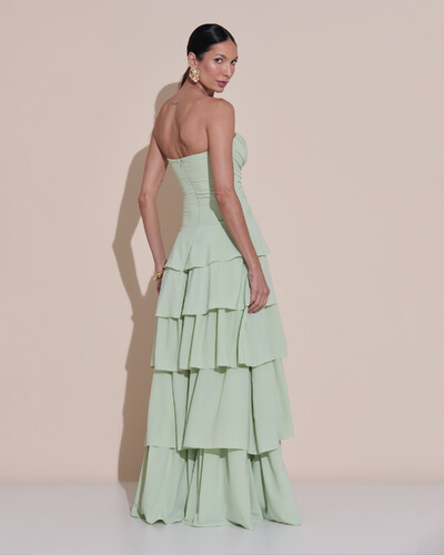 Foto Vestido de Festa Longo Tomara que Caia Drapeado Crepe Chiffon Babados Camadas Verde Menta New