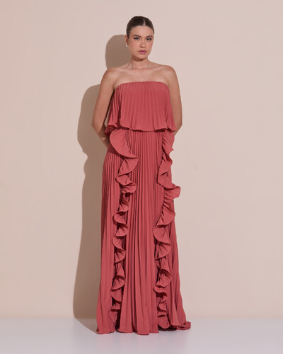 Foto Vestido de Festa Longo Crepe Chiffon Tomara que Caia Plissado com Babado Cascata Terracota