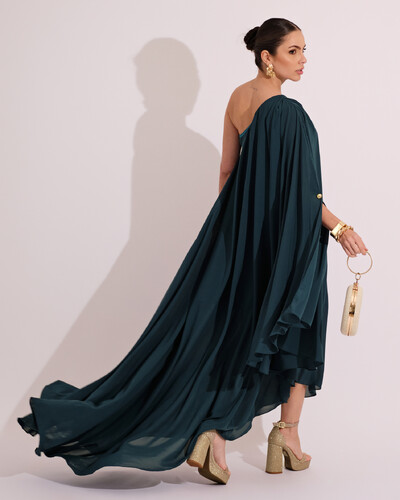 FotoVestido de Festa um Ombro com Capa Crepe Fluido Verde Escuro
