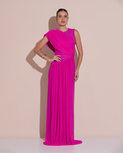 Foto Vestido de Festa Longo Capa Drapeado Tule Saia Fluida Pink New