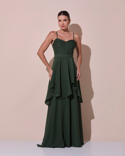Foto Vestido de Festa Longo Decote Coração Plissado Crepe Chiffon Babados Cascata Verde Escuro New