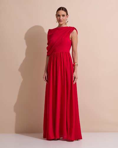 Foto Vestido de Festa Longo Um Ombro Só Crepe Chiffon Capa Drapeado Vermelho