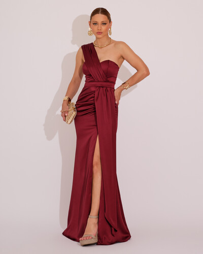 Foto Vestido de Festa Longo Cetim Alfaiataria Tomara que Caia Faixa Marsala