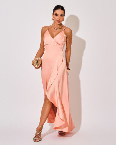 Foto Vestido Midi Babado Acetinado Rose Gold