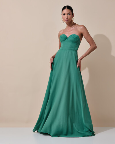 Foto Vestido de Festa Longo Tomara que Caia Crepe Chiffon Decote Coração Lenço Verde Matcha Escuro