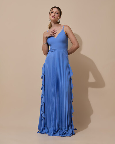 Foto Vestido de Festa Longo Crepe Chiffon Alça Fina Saia Plissada com Babado Cascata Azul Atlantis