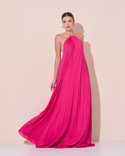 Foto Vestido de Festa Longo Frente Única Plissado Crepe Chiffon Argola Pink Escuro