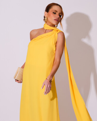 FotoVestido de Festa Longo Crepe Chiffon Um Ombro Só Drapeado Amarelo