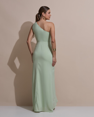 Foto Vestido de Festa Midi Um Ombro Só Crepe Chiffon Babados Cascata Fenda Verde Menta New