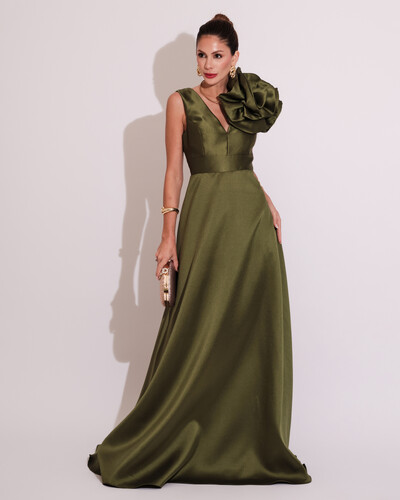 Foto Vestido de Festa longo Zibeline Flor Verde Oliva