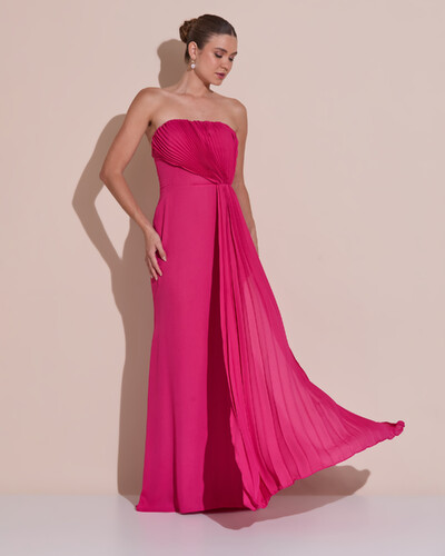 Foto Vestido de Festa Longo Tomara Que Caia Crepe Chiffon Plissado Lenço Pink Escuro