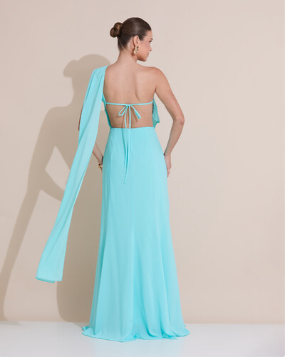 Foto Vestido de Festa Longo Um Ombro Só Crepe Chiffon Lenço Tiffany