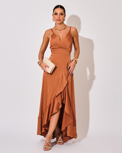 Foto Vestido Midi Babado Acetinado Mocha Mousse