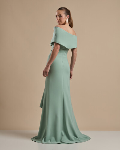 FotoVestido de Festa Longo Alfaiataria Ombro a Ombro com Babado Cascata Verde Menta