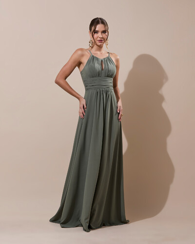 Foto Vestido de Festa Longo Crepe Chiffon Drapeado com Alças e Saia Fluida Verde Oliva