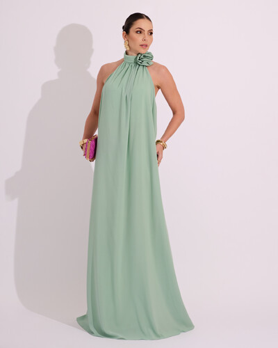Foto Vestido Longo Crepe Chiffon Frente Única Fluido Flor Removível Verde Menta
