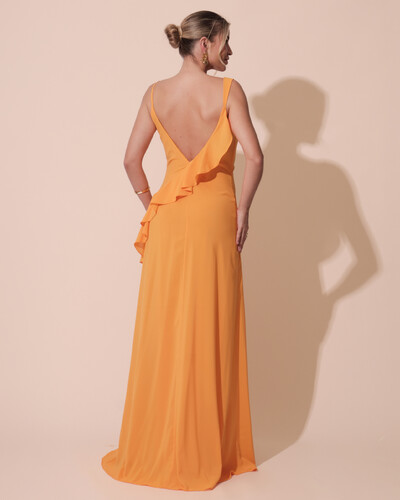 FotoVestido de Festa Longo Crepe Chiffon Degagê com Fenda e Babado Cascata Laranja Manga