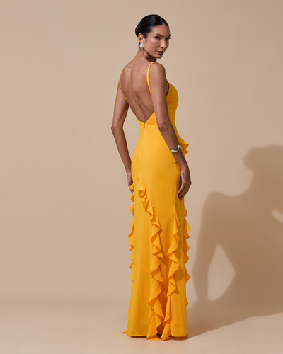 Foto Vestido de Festa Longo Alças Finas Crepe Chiffon Babado Cascata Fenda Costas V Laranja Manga New