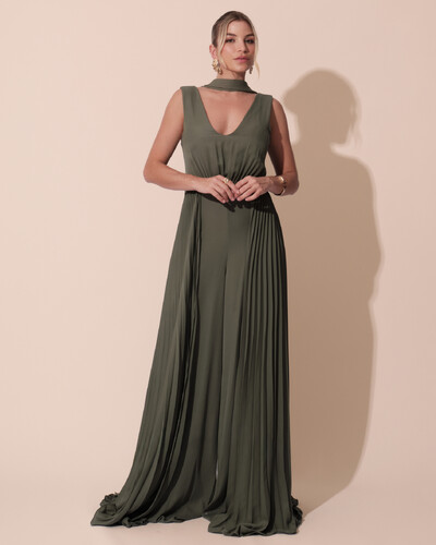 Foto Macacão de Festa Longo Crepe Pantalona Plissado e Lenço Verde Oliva