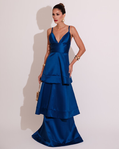 Foto Vestido de Festa Longo Zibeline em Camadas Decote em V com Alças Azul Royal
