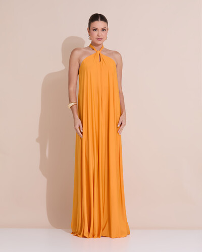 Foto Vestido Longo com Amarração em Malha Laranja Manga