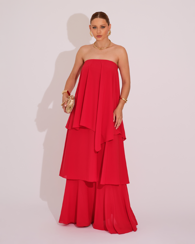 Foto Vestido de Festa Longo Tomara que Caia em Camadas Vermelho