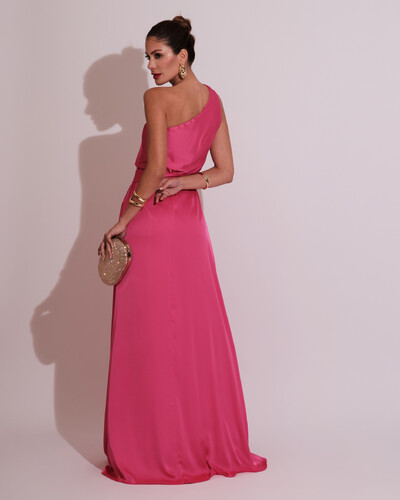FotoVestido Longo um Ombro com Busto Blousê e Fenda Pink
